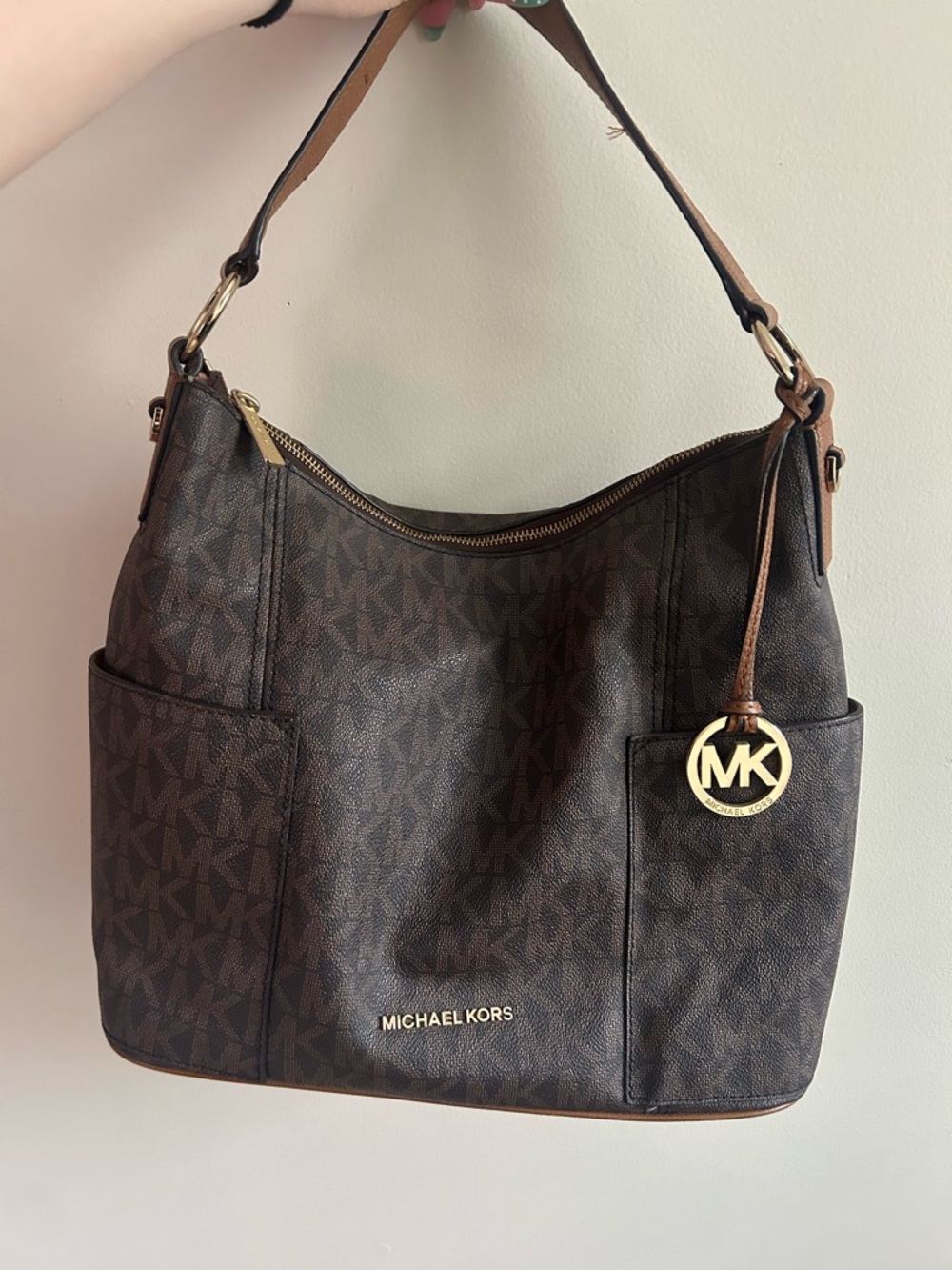 Michael Kors Dark Brown Monogram Shoulder Hobo Bag with Gold Hardware